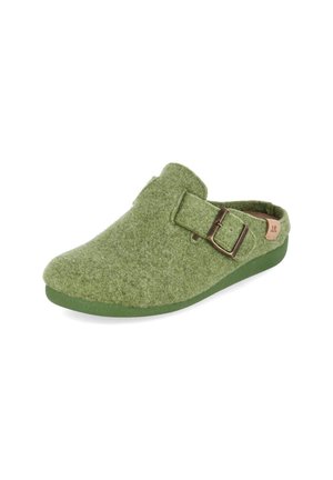 Sabot vert en feutre avec bride ajustable et boucle en laiton, doté d’une semelle coussinée pour une utilisation intérieure ou extérieure légère.