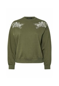 Felpa verde oliva con maniche lunghe, polsini e scollo a costine. Presenta ricami floreali bianchi sulle spalle. Tessuto morbido.