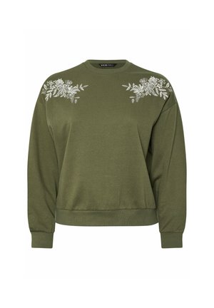 Felpa verde oliva con maniche lunghe, polsini e scollo a costine. Presenta ricami floreali bianchi sulle spalle. Tessuto morbido.