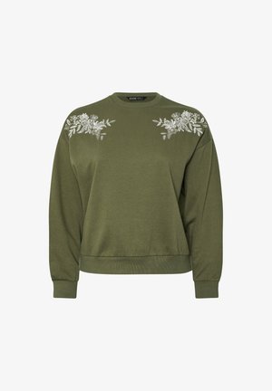 Olivengrüner Sweatshirt mit langen Ärmeln, gerippten Bündchen und Halsausschnitt. Mit weißer floraler Stickerei auf den Schultern. Weiche Textur.