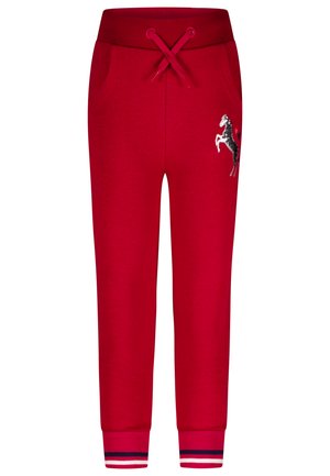 Rode trainingsbroek met een elastische tailleband en trekkoord. Heeft zijzakken en een zwart-wit paardontwerp met pailletten op het been.