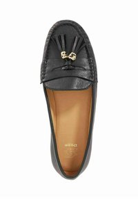 Black leather loafer with stitched detailing, a tassel accent, and gold hardware. Rounded toe and beige interior lining.