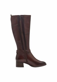 Bottines en cuir marron jusqu'au genou avec une fermeture éclair sur le côté, un fini texturé et un talon empilé. Comprend une sangle autour de la cheville.