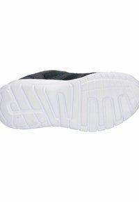 Schwarz-graue Sportschuhsohle mit einer strukturierten, weißen Gummi-Außensohle, die Wellenmuster aufweist für Grip und Flexibilität.