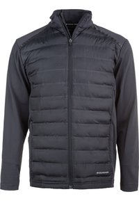 Schwarze isolierte Jacke mit Reißverschluss vorne, featuring einen gesteppte Körper und glatte Ärmel, aus leichtem, atmungsaktivem Stoff.