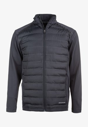 Black insulated jacket with a zip front, featuring a quilted body and smooth sleeves, made of lightweight, breathable fabric.