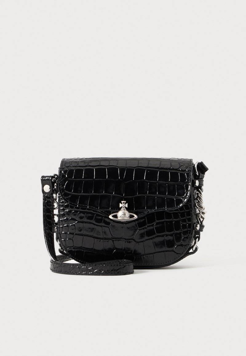 Black glossy croc-patterned leather crossbody bag with silver orb logo clasp and adjustable strap on plain light background.