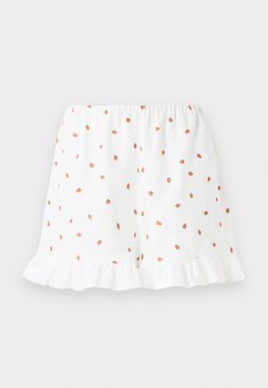 Hvide shorts med små røde jordbærtryk overalt, bølget kant og elastisk talje for komfort. Fremstillet af letvægtsstof.