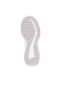 Sohle eines Schuhs, weißes Gummi mit strukturierten horizontalen Streifen und einem wellenförmigen Design; verfügt über ein kleines Logo und eine Größenmarkierung.