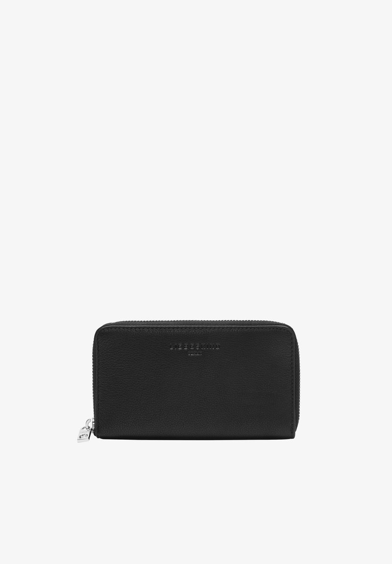 Portefeuille en cuir noir avec une surface texturée, fermeture éclair, et logo de la marque en relief à l'avant. Design compact et rectangular.