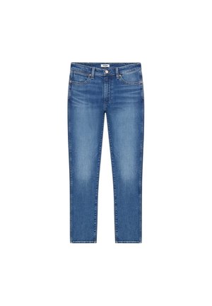 Slim fit blauwe denim jeans met lichte vervaging op de voorste dijen, vijf zakken en een knoopsluiting.
