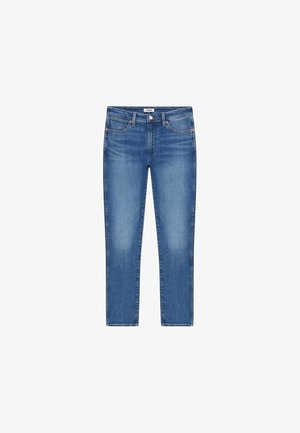 Slim fit blauwe denim jeans met lichte vervaging op de voorste dijen, vijf zakken en een knoopsluiting.