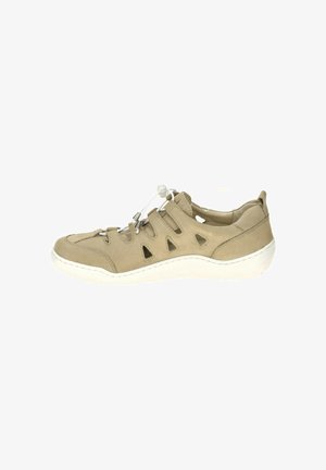 Beiger Wildleder-Casual-Schuh mit weißer, gepolsterter Sohle, dreieckigen Ausschnitten und verstellbaren elastischen Bungee-Schnürsenkeln mit Kordelverschluss.
