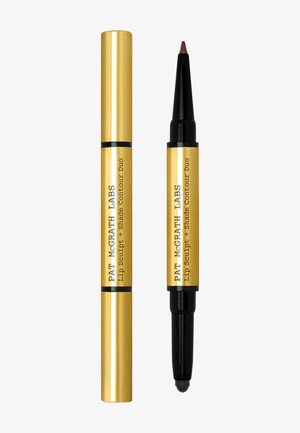 Gold dual-ended lip sculpt and shade contour duo with twist-up brown pencil on one end and black blending tip on the other.