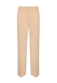Pantaloni beige su misura con una texture liscia, design a gamba dritta e chiusura a un pulsante in vita. Nessuna tasca visibile.