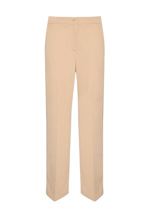 Beige maßgeschneiderte Hose mit glatter Textur, geradem Bein Design und einem einzigen Knopfverschluss am Bund. Keine sichtbaren Taschen.