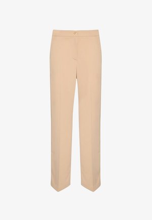 Vaaleanbeige muotoonommellut housut, joissa on sileä pinta, suorassa lahkeessa ja yksinkertainen nappikiinnitys vyötäröllä. Ei näkyviä taskuja.