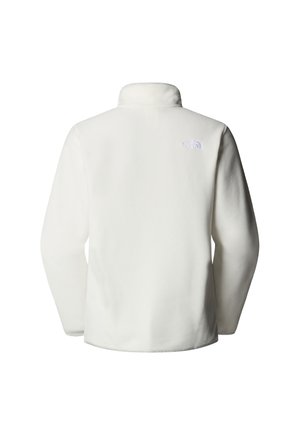 Hvit fleecejakke med høy krage og lange ermer. Har en liten logo i lyseblått på øvre rygg. Myk tekstur.