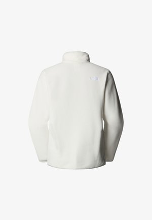 Hvit fleecejakke med høy krage og lange ermer. Har en liten logo i lyseblått på øvre rygg. Myk tekstur.