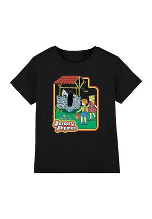 Zwei Kinder an einem Steinebrunnen, eines hält einen Eimer, während eine geisterhafte Gestalt über dem Rand schwebt. Der Text lautet „Meine liebsten Kinderreime.“