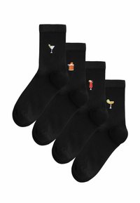 Mustmust sokid, millel on tikitud kokteilide kujundid: martini, kokteiliklaas ja kaks värvilist joogi illustratsiooni.