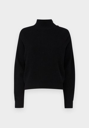 Black, ribbed knit turtleneck sweater with long sleeves and a cropped fit. Features a button detail at the shoulder for added design.