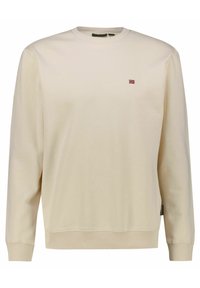 Felpa color beige chiaro in morbido tessuto con polsini e orlo a costine. Presenta un piccolo logo rosso e blu sul lato sinistro del petto. Design a maniche lunghe.