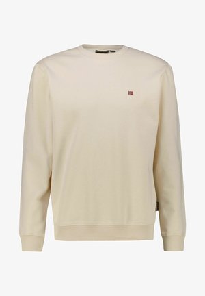 Lichtbeige sweatshirt van zachte stof met ribbelmanchetten en zoom. Heeft een klein, rood en blauw logo op de linkerkant van de borst. Langarm ontwerp.