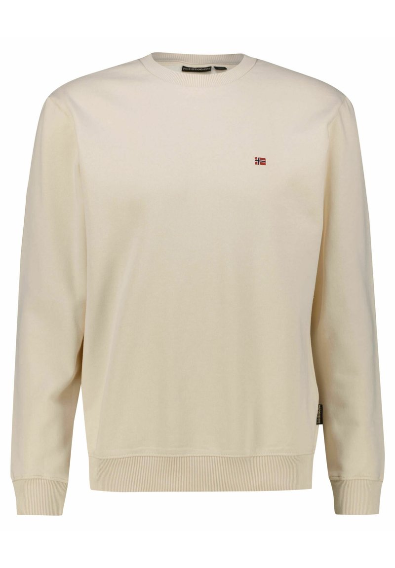 Felpa color beige chiaro in morbido tessuto con polsini e orlo a costine. Presenta un piccolo logo rosso e blu sul lato sinistro del petto. Design a maniche lunghe.