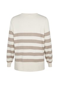 Cremfarbener Pullover mit breiten beigen Horizontalstreifen, langen Ärmeln und einem lockeren Schnitt. Glatte Textur mit einem gerippten Saum.