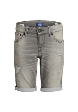 Lysegrå denimshorts med op-rullede kanter, slidte detaljer, frontlommer og knaplukning, mærket Jack & Jones inde i linningen.