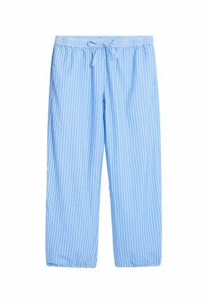 Lichtblauwe pyjamabroek met witte verticale strepen, elastische tailleband en een voorstrikkoord.
