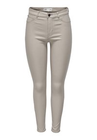Beige skinny jeans med en jämn textur, fem fickor, knappstängning och bälteshällor. Designen är åtsittande och strömlinjeformad.