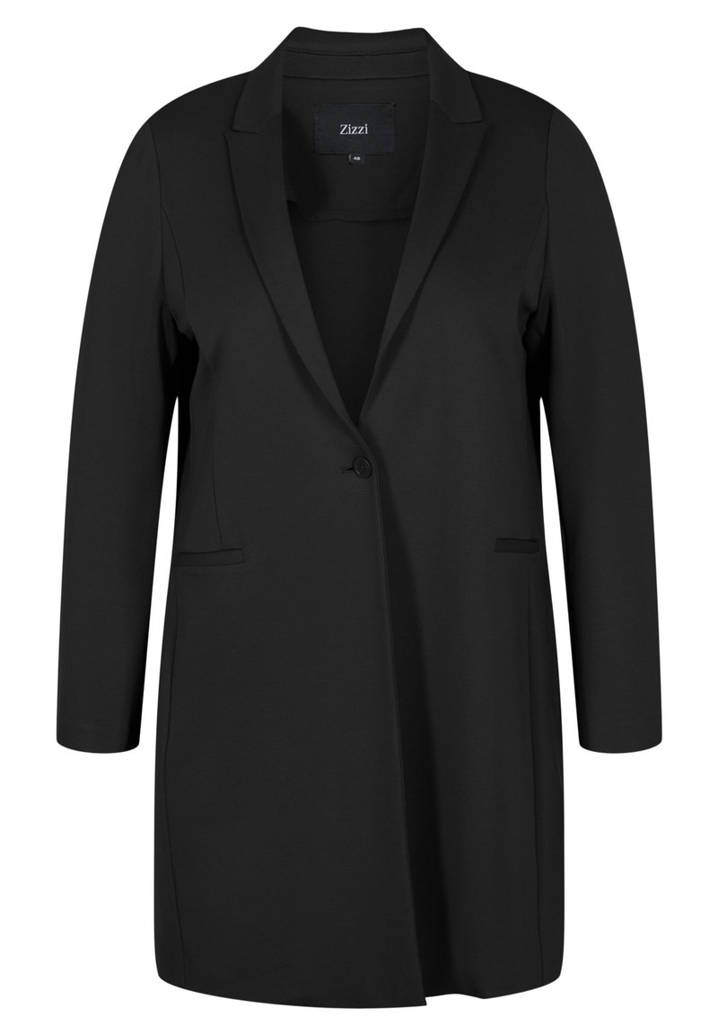 Blazer Long Élégant Grandes Tailles Femme Zizzi – Col Classique, Bouton Unique, Noir, Taille 44