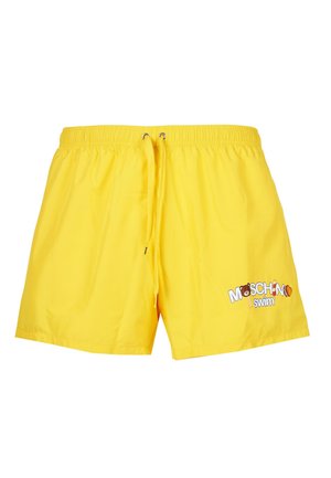 Bañador amarillo hecho de tela ligera con cintura elástica, cordón y detalle impreso del logo "Moschino swim".