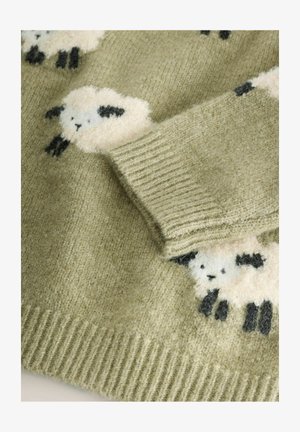 Suéter de punto en verde oliva, con patrones de ovejas peludas en crema y negro. Incluye puños acanalados con textura suave.
