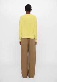 Maglione giallo dalla texture particolare con un design leggermente accorciato abbinato a pantaloni a gamba larga color sabbia con due tasche laterali. Vista posteriore mostrata.