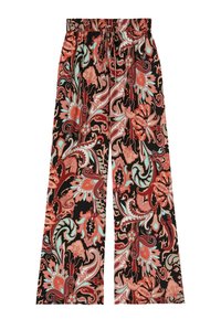 Luźne, szerokie spodnie z czarnego materiału w intensywny wzór paisley w kolorze koralowym i turkusowym, z elastycznym pasem i troczkiem.