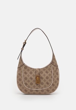 Sac à bandoulière beige avec logos à motifs marron foncé, fermoir doré avec la lettre "G", forme incurvée et bandoulière réglable avec boucle.