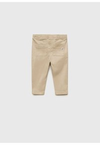 Pantaloni bej cu un laț elastic la talie, două buzunare la spate și o etichetă mică a mărcii. Țesătura pare netedă și rezistentă, concepută pentru purtare casuală.