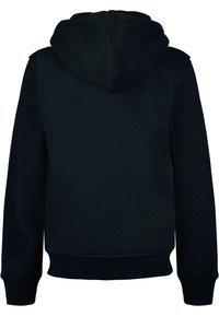 Black sweatshirt with a hood, featuring long sleeves, ribbed cuffs and hem, and a smooth fabric texture. No visible logos or patterns.