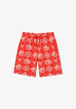 Shorts de bain rouges avec motifs floraux blancs et logo. Équipés d'une taille élastique avec cordon de serrage et poches latérales.