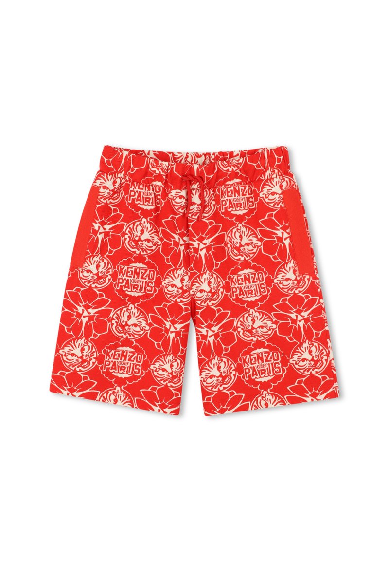Shorts de bain rouges avec motifs floraux blancs et logo. Équipés d'une taille élastique avec cordon de serrage et poches latérales.