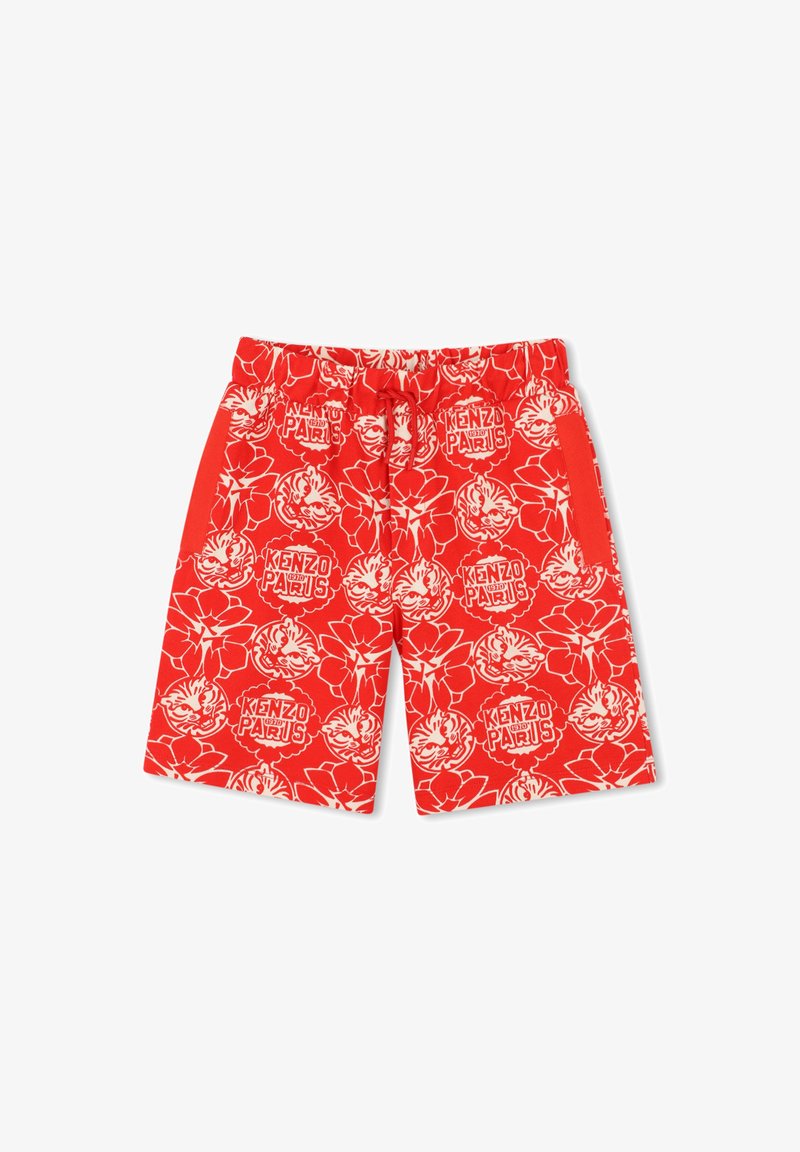 Shorts de bain rouges avec motifs floraux blancs et logo. Équipés d'une taille élastique avec cordon de serrage et poches latérales.