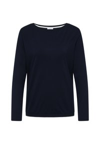 T-shirt bleu marine à manches longues avec col rond, ourlet droit et doublure intérieure blanche visible en bas.