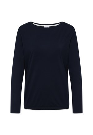 T-shirt bleu marine à manches longues avec col rond, ourlet droit et doublure intérieure blanche visible en bas.