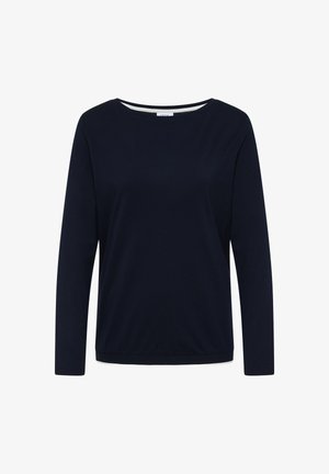 Námořnicky modré tričko s dlouhým rukávem a kulatým výstřihem, s rovnou spodní lemovkou a bílou vnitřní podšívkou viditelnou na spodní části.