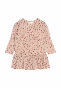 Vestido de manga larga, de color rosa claro, con un estampado floral, dobladillo con volantes y escote redondo. Hecho de una tela suave con suaves pliegues en los hombros.
