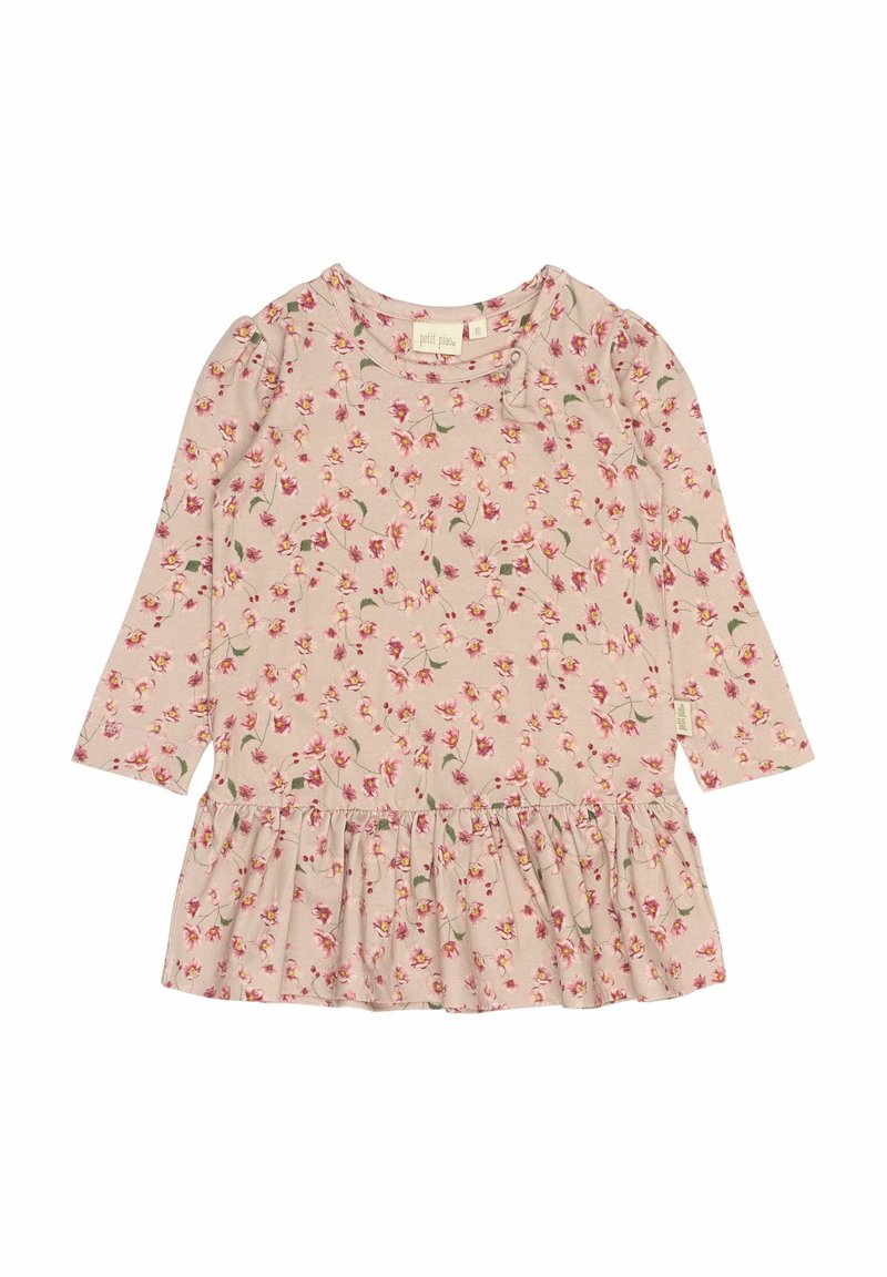 Vestido de manga larga, de color rosa claro, con un estampado floral, dobladillo con volantes y escote redondo. Hecho de una tela suave con suaves pliegues en los hombros.