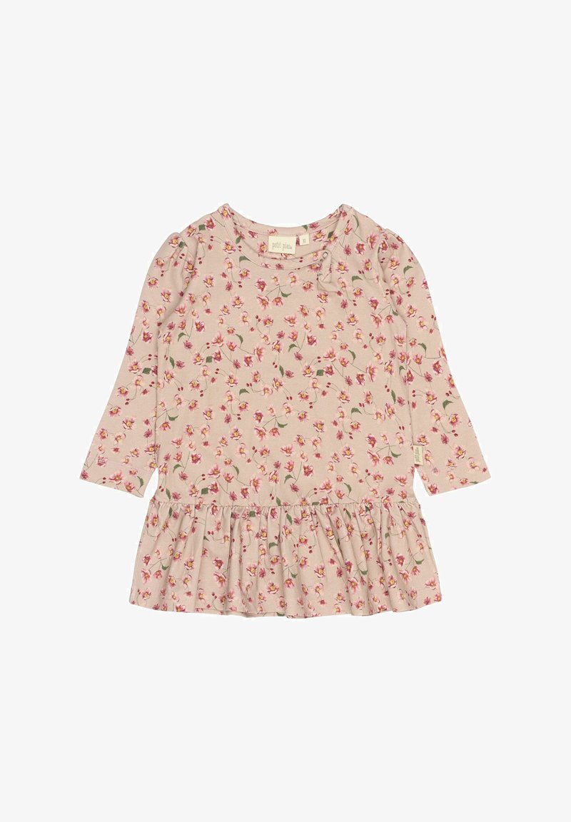 Dlhé rukávy, svetloružová šaty s kvetinovým vzorom, volánovým lemom a okrúhlym výstrihom. Vyrobené z jemného materiálu s jemnými nariaseniami na pleciach.